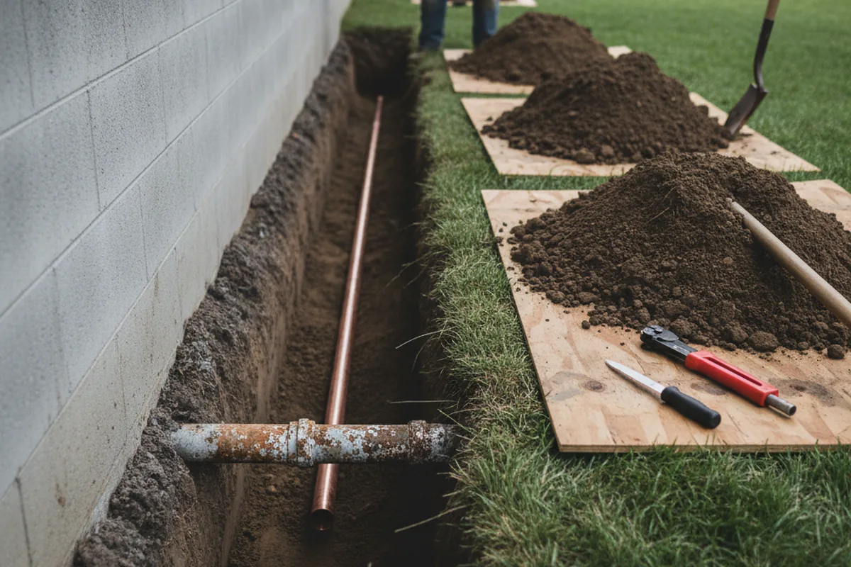 Excavated water line trench during Water Heater Repair in Glencoe